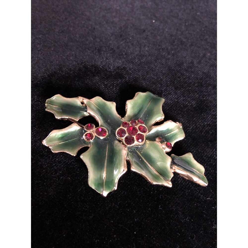 Vintage Rare Christmas Red Green Enamel Poinsettia Flower Gold tone Rhinestones